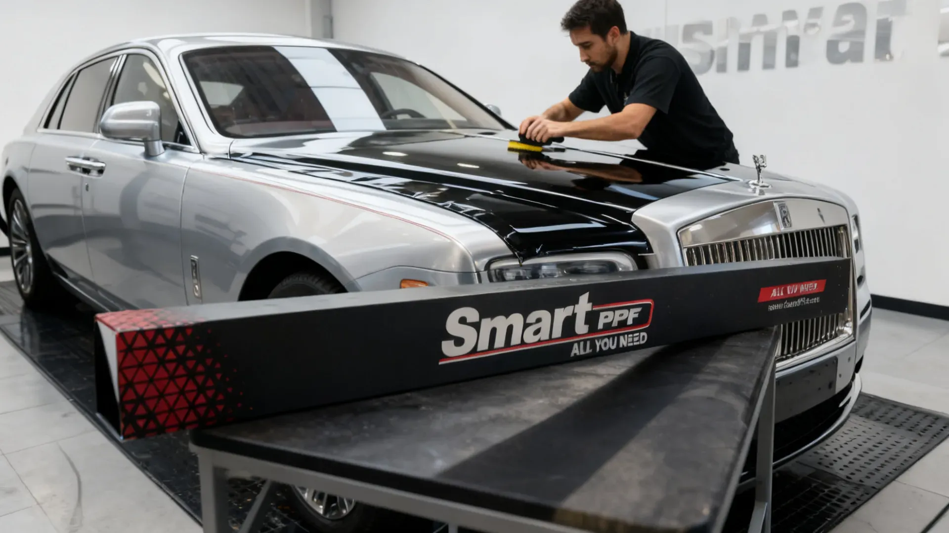 Gloss black colour film laid over a silver luxury sedan hood, dramatic colour change, Smart PPF box in front