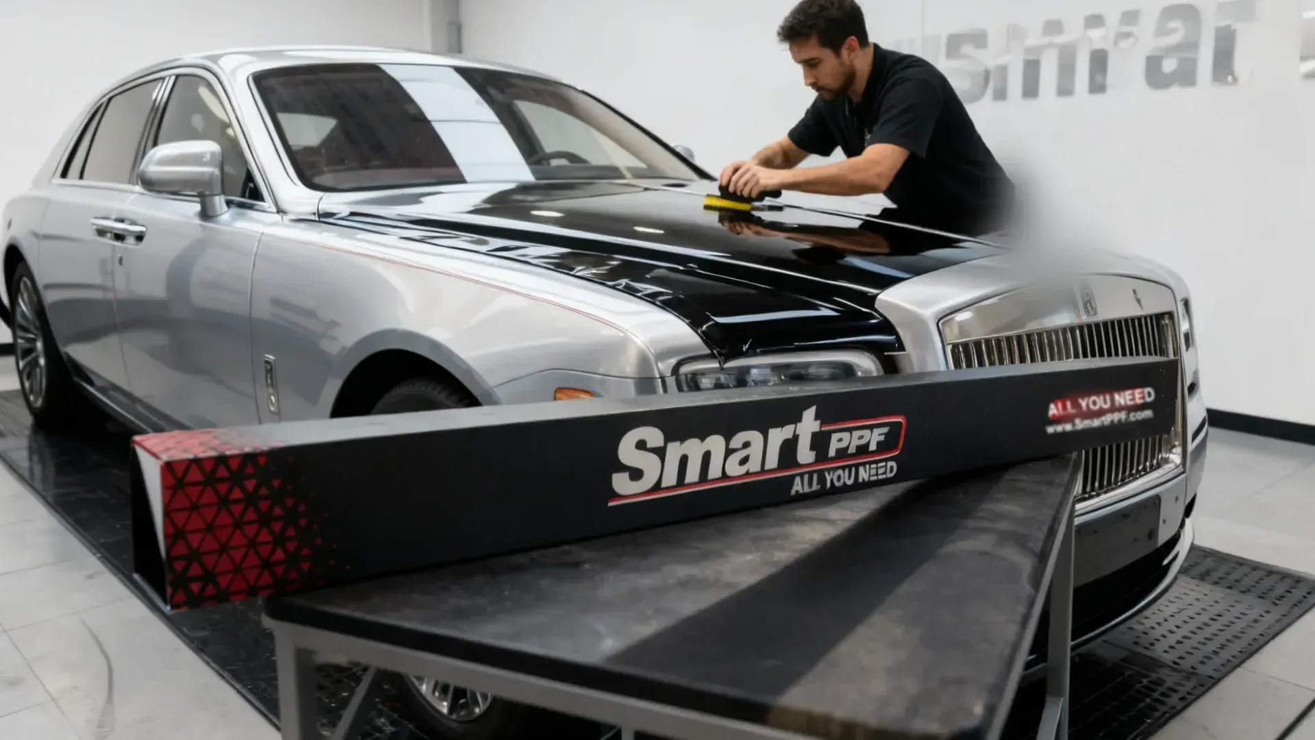 Gloss black colour film laid over a silver luxury sedan hood, dramatic colour change, Smart PPF box in front