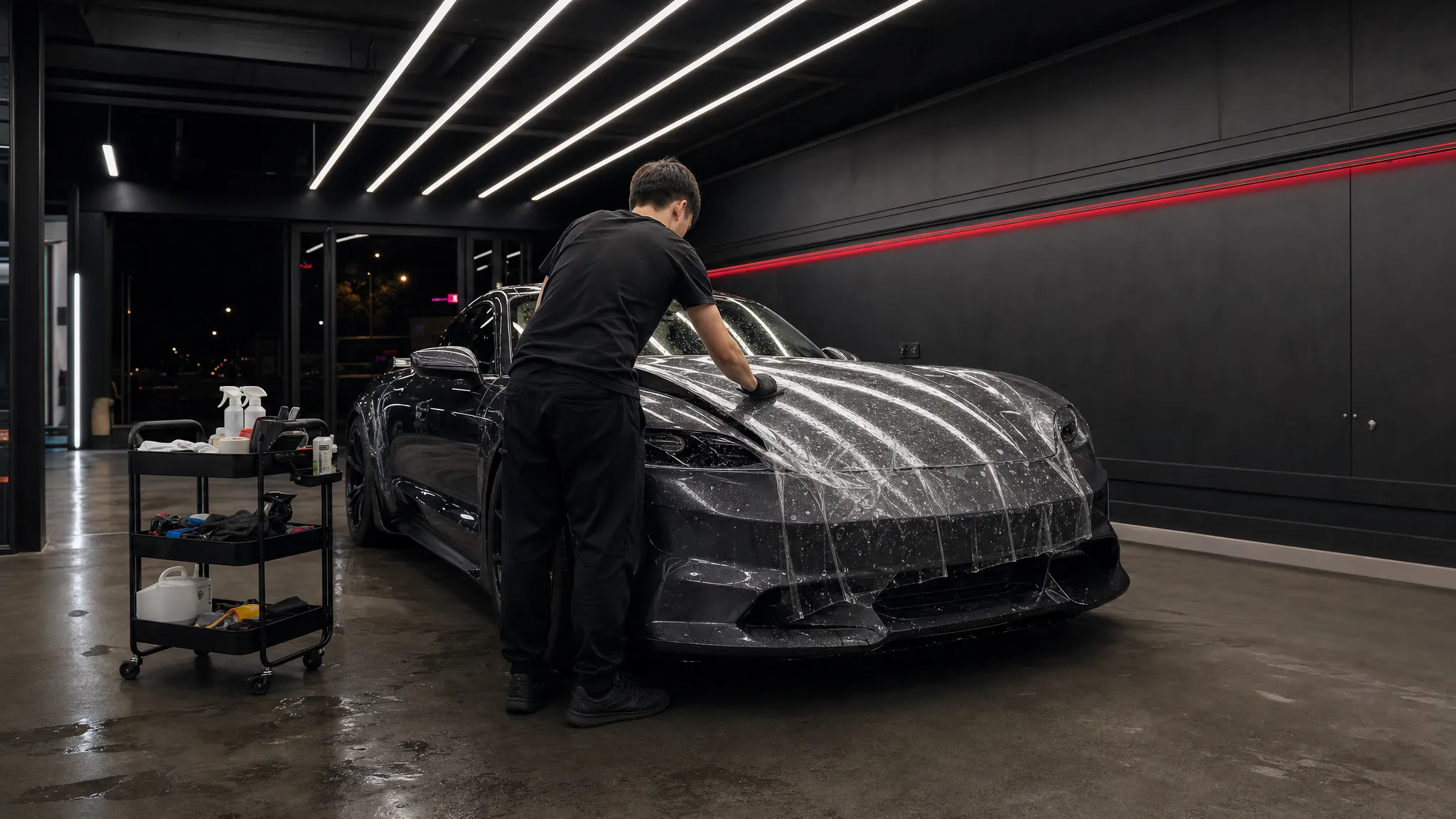Professional installation bay: installer smoothing protection film on a sports car hood under studio lights
