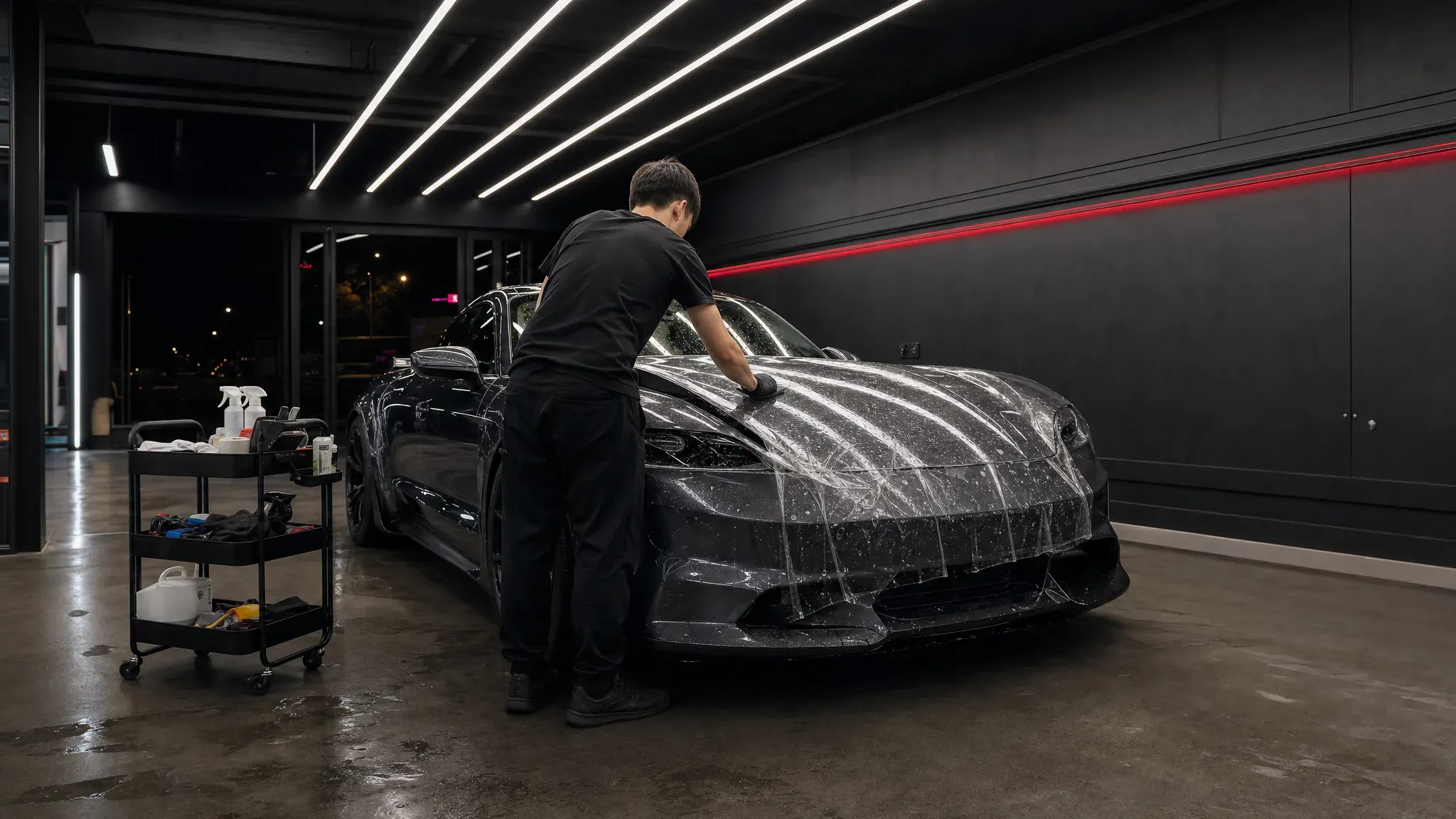 Professional installation bay: installer smoothing protection film on a sports car hood under studio lights