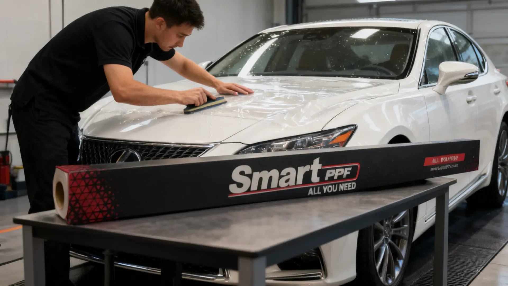 Technician squeegees clear paint protection film onto a white luxury sedan hood, Smart PPF box on the work table
