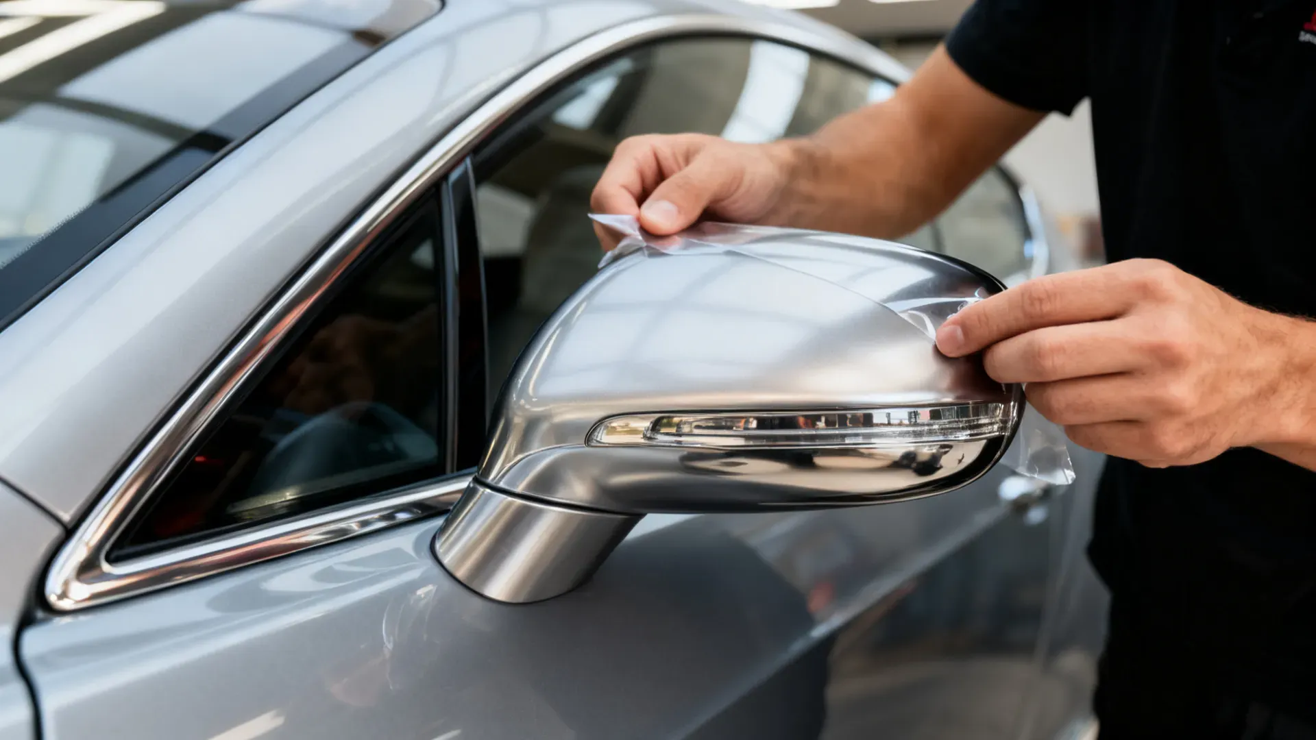 Clear protection film being fitted around a luxury car side mirror