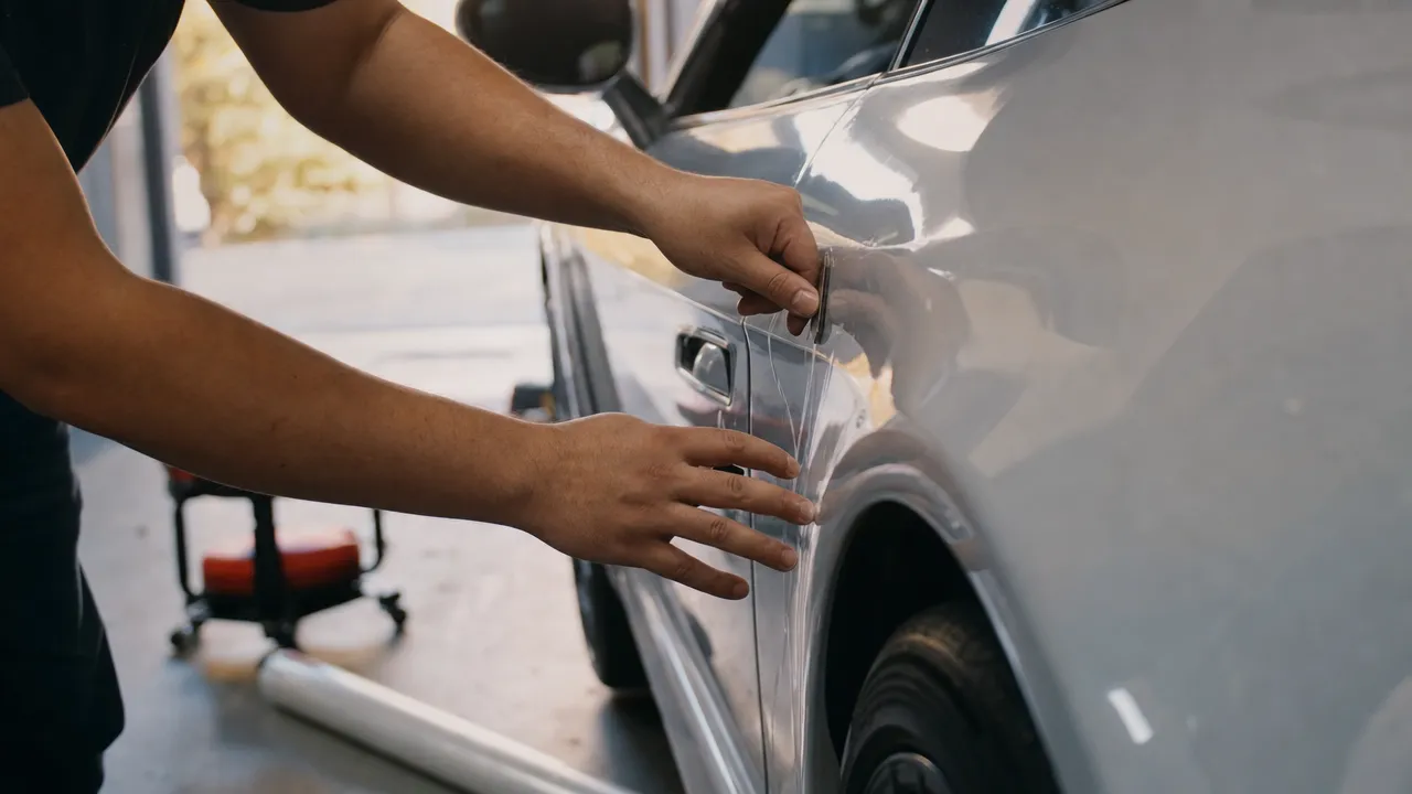 Installer trimming the clear film edge along a silver coupe door line