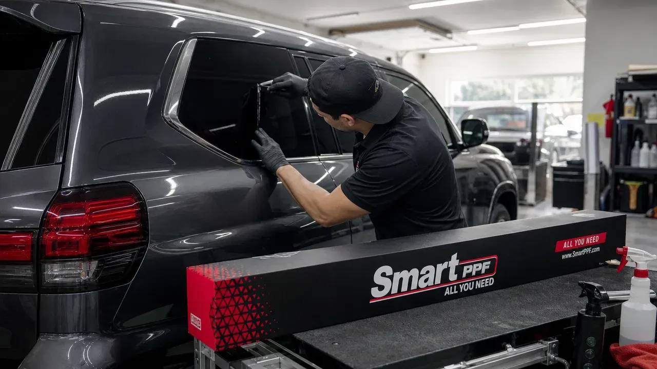 Technician fits dark ceramic tint on a luxury SUV rear quarter glass, Smart PPF box beside the car