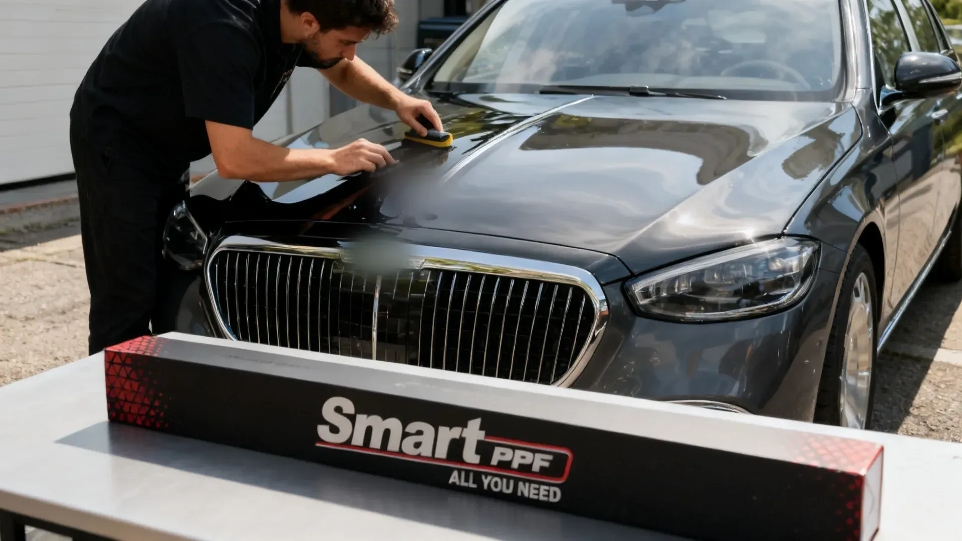 Technician squeegees glazed piano-black film onto a luxury sedan hood, Smart PPF box on the table