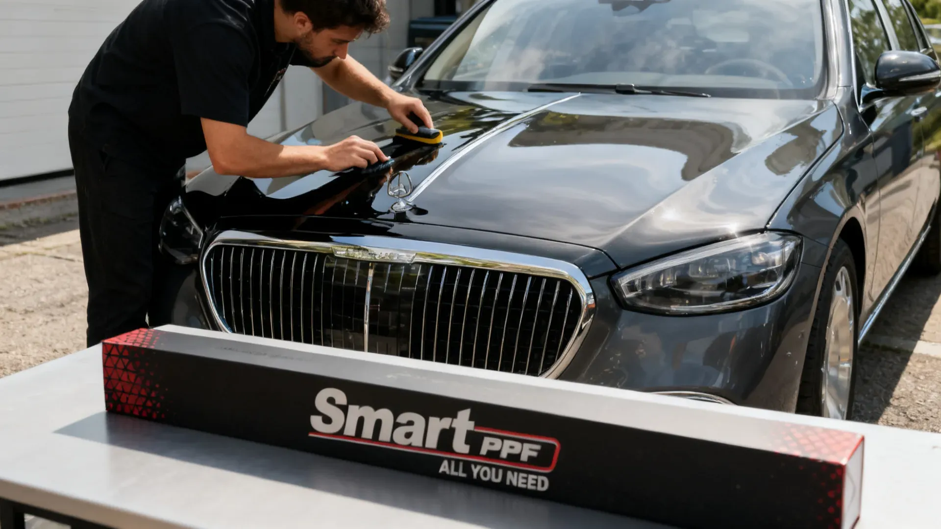 Technician squeegees glazed piano-black film onto a luxury sedan hood, Smart PPF box on the table