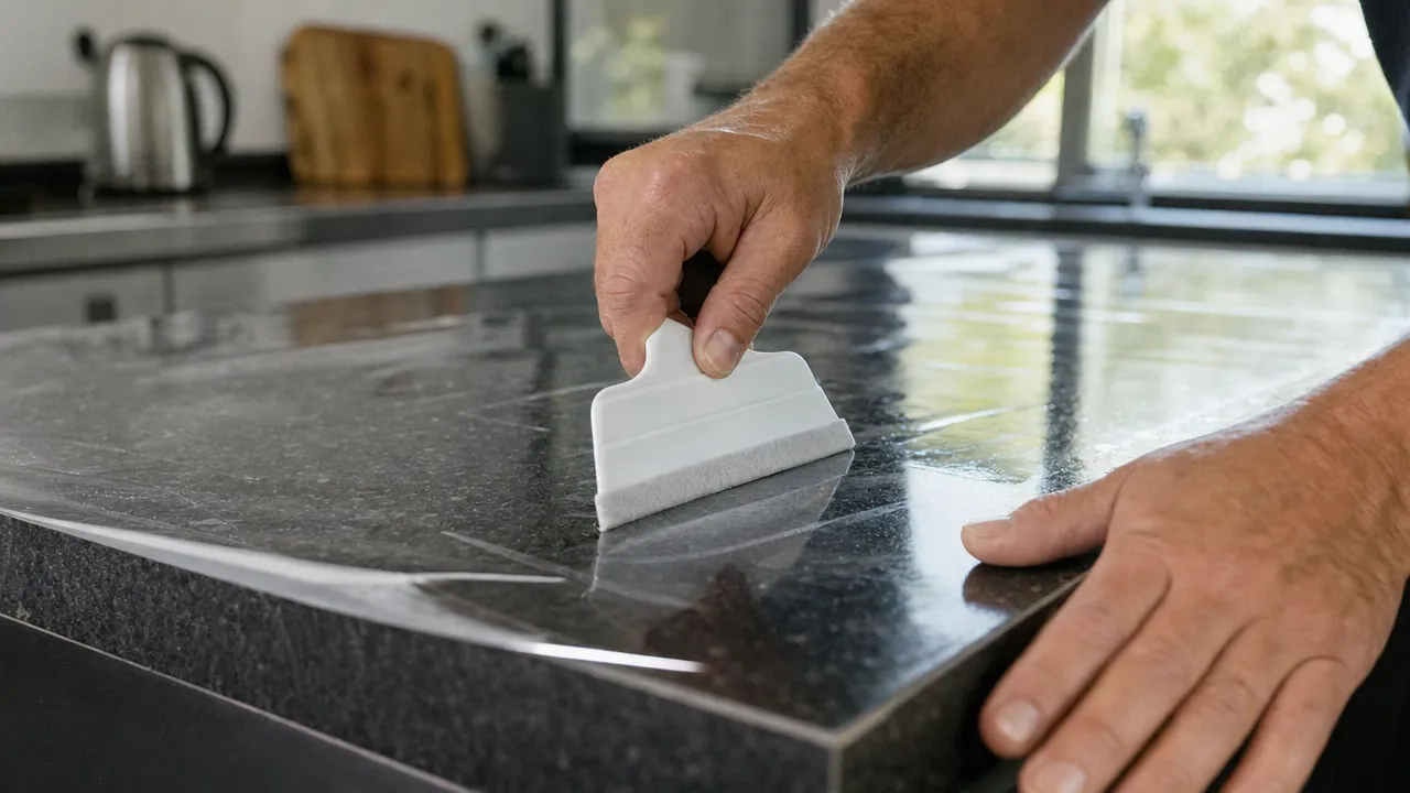 Clear gloss protection film being squeegeed onto a dark quartz kitchen countertop