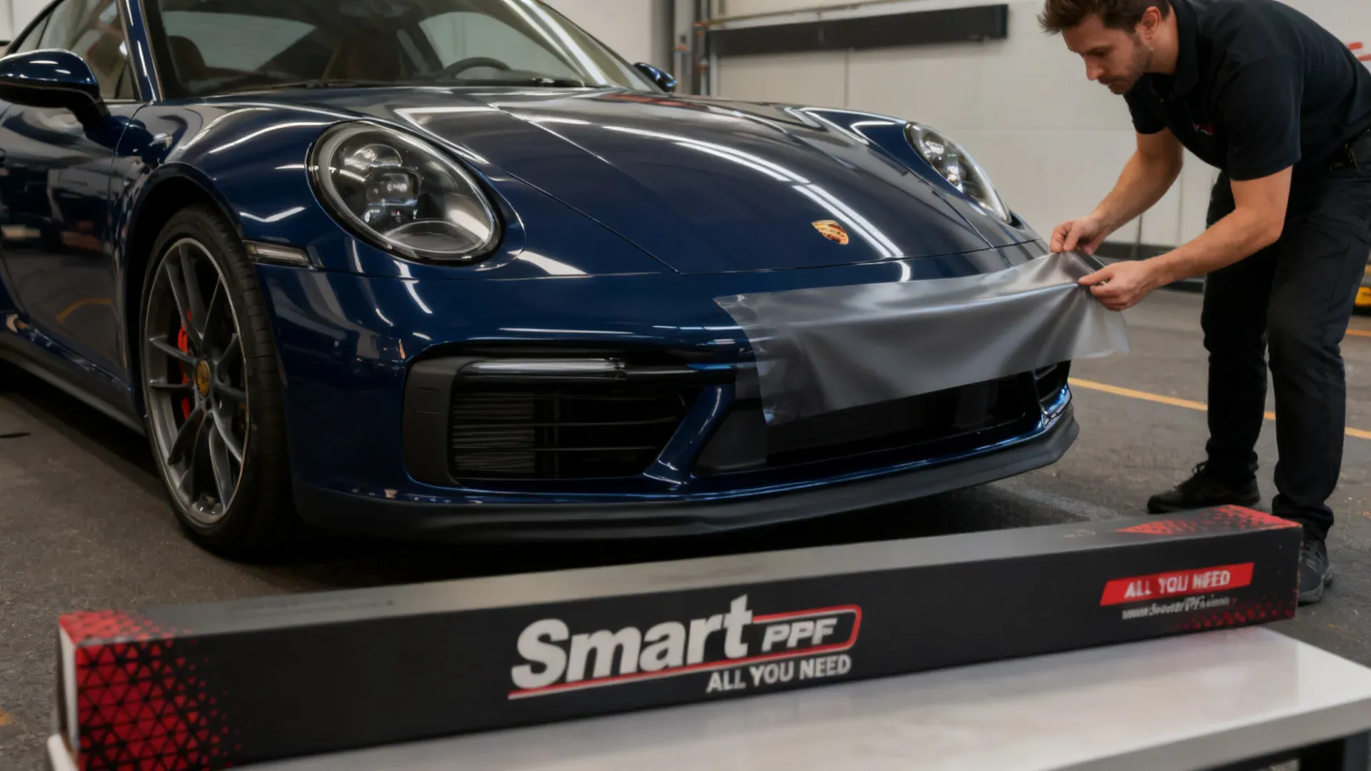 Matte black film being applied to a sports car front bumper, Smart PPF box on the work table