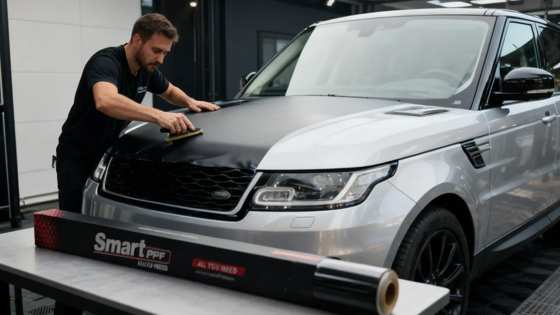 Satin matte film half applied across a luxury SUV hood showing the gloss-to-matte change, Smart PPF box on the bench