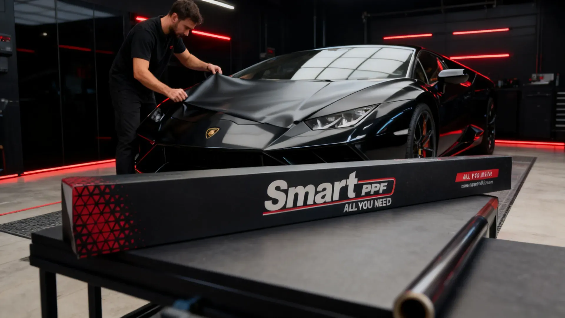 Technician lays matte film over a black supercar hood, Smart PPF box in front
