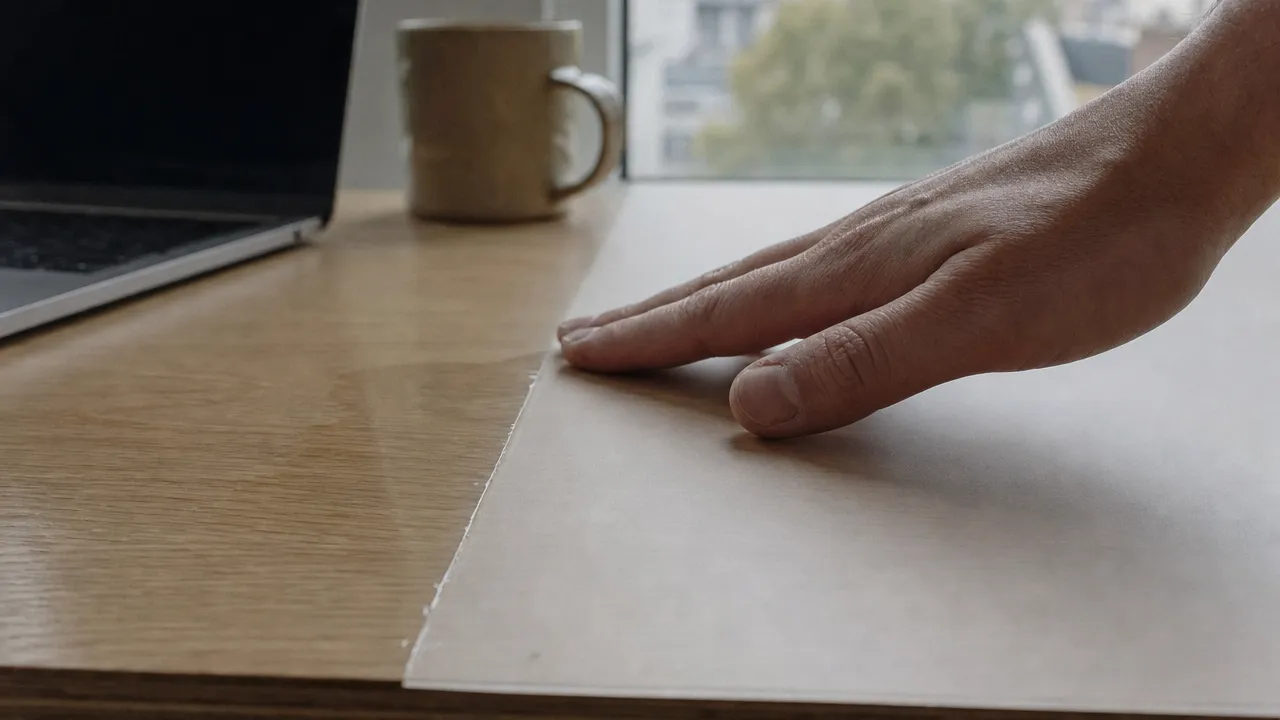 Hand pressing matte protection film onto a light oak desk, half covered to show the finish difference