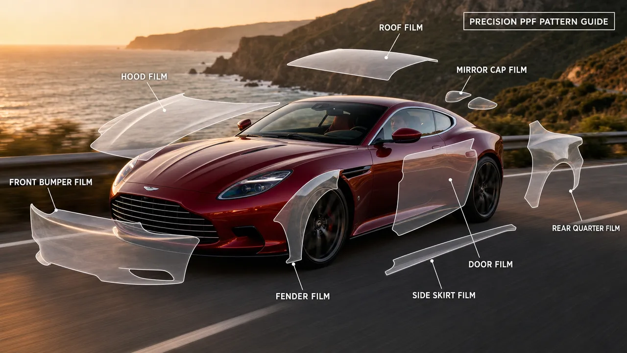 Exploded diagram: paint protection film pattern pieces floating around a red grand tourer — hood, bumper, fender, mirror, door, skirt, quarter and roof films labeled