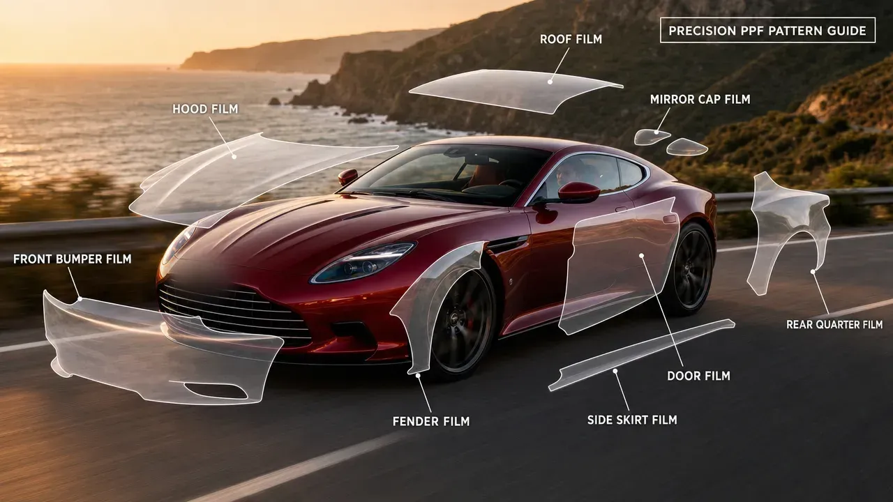 Exploded diagram: paint protection film pattern pieces floating around a red grand tourer — hood, bumper, fender, mirror, door, skirt, quarter and roof films labeled