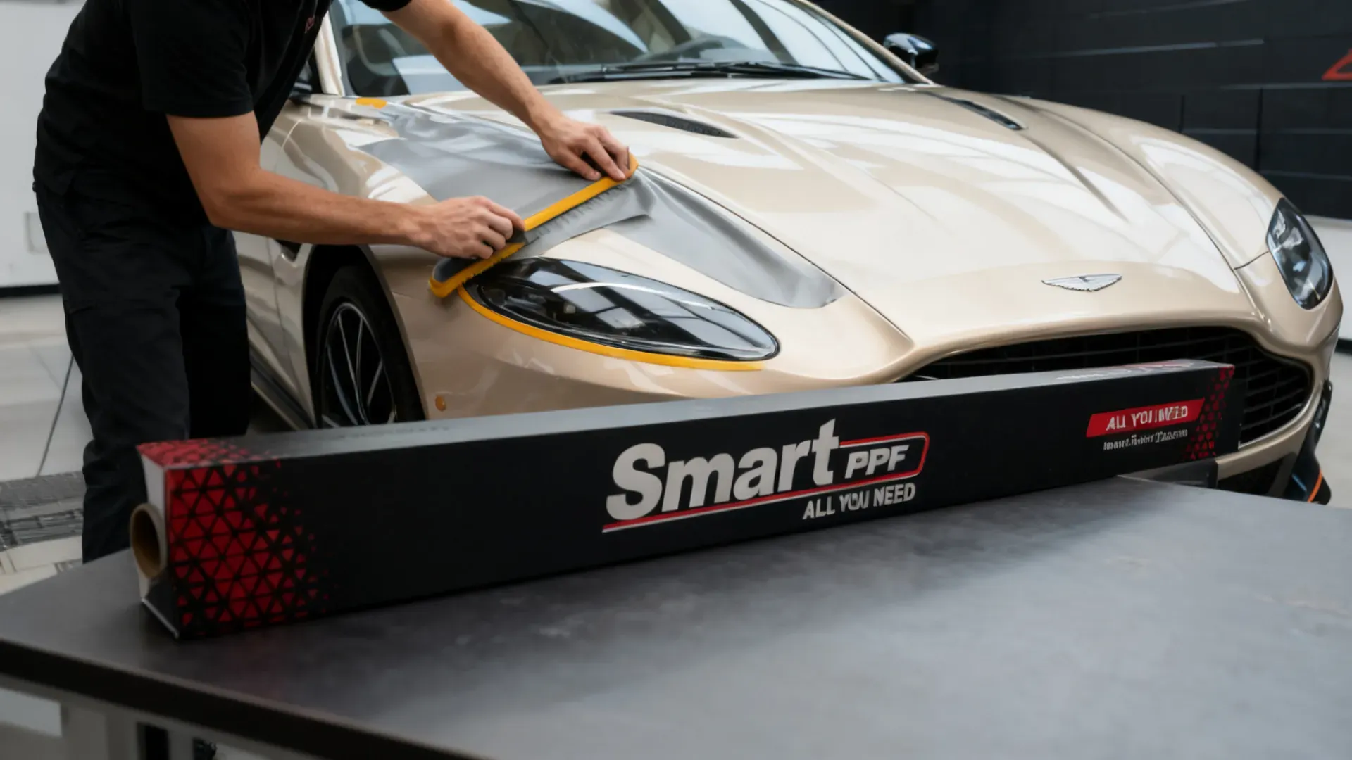Warm grey satin film applied across a grand coupe hood, Smart PPF box on the work table