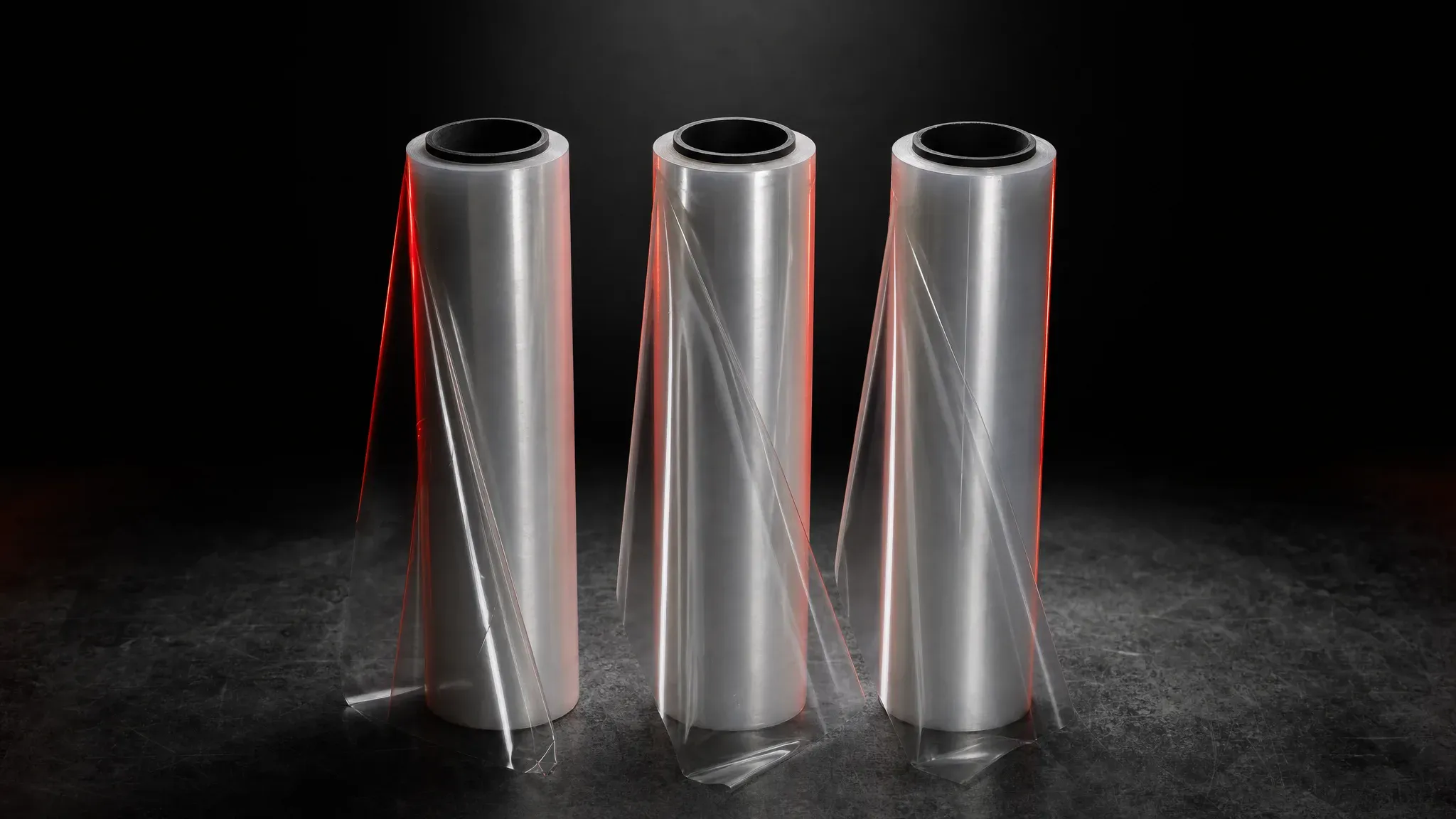Rolls of Smart PPF paint protection film in a dark studio with red rim lighting