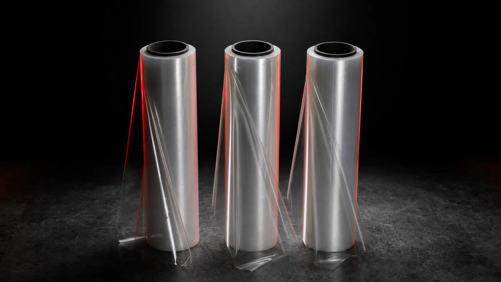 Rolls of paint protection film standing in a dark studio with red rim lighting