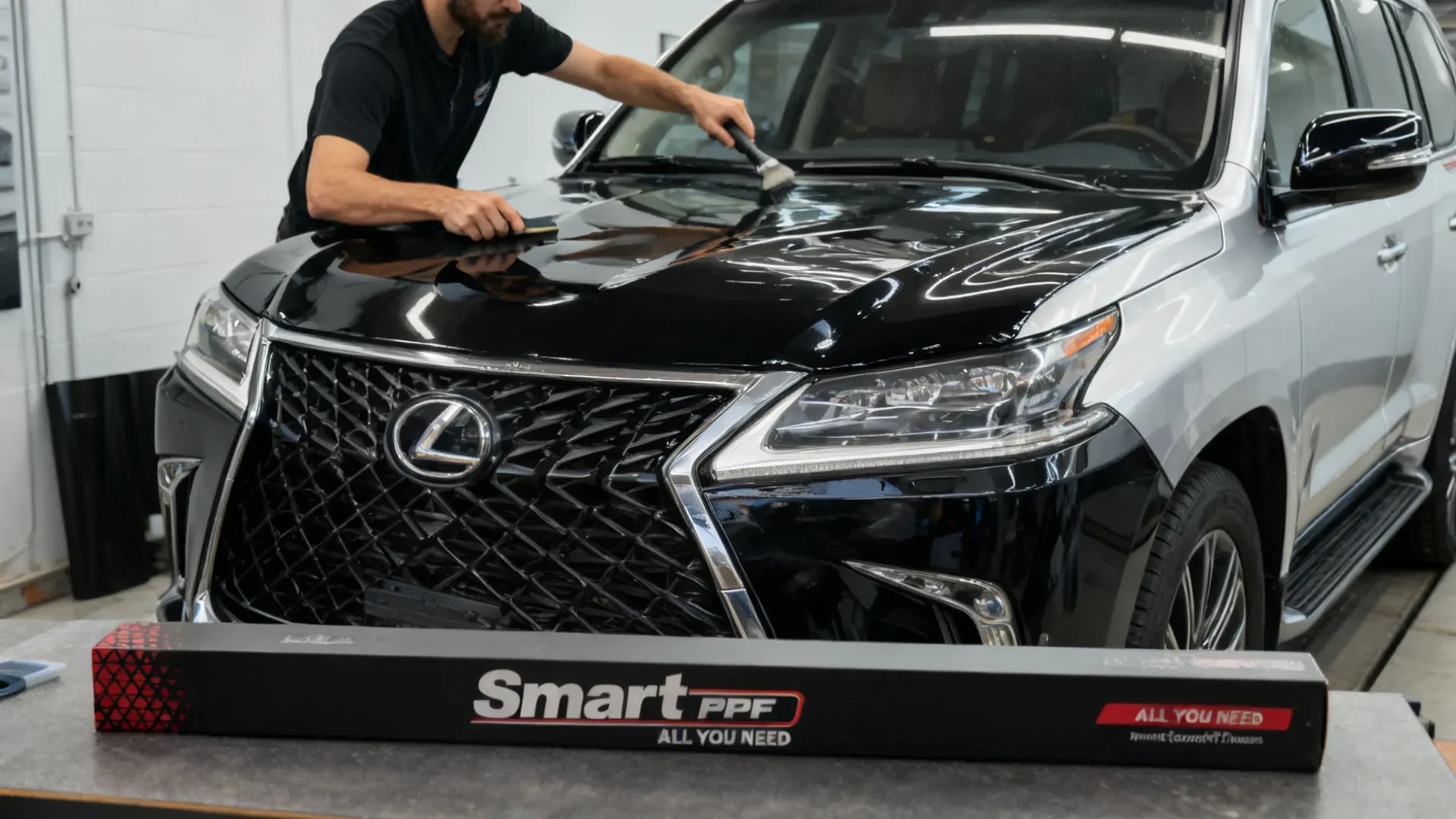 Technician applies gloss black colour film to a silver luxury SUV hood, Smart PPF box in front