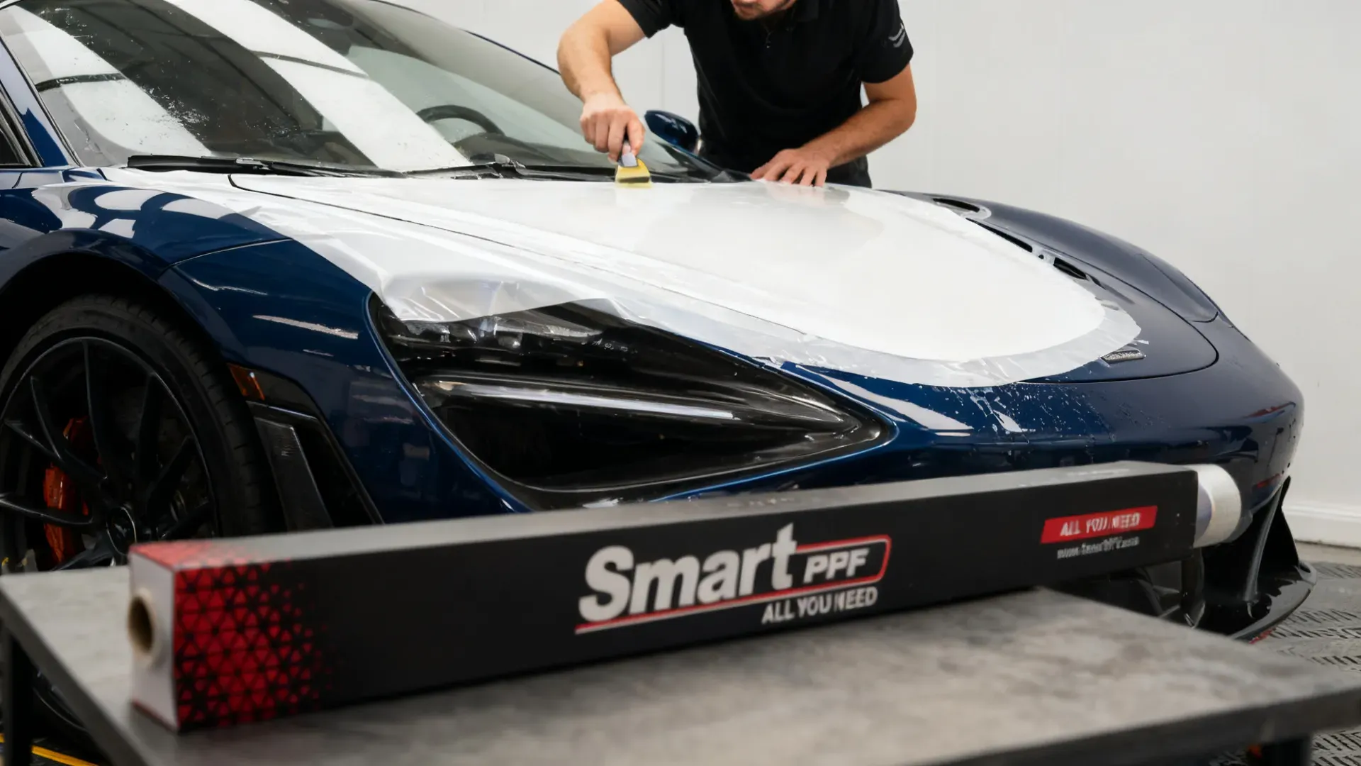 Pearl white colour film applied over a dark supercar hood, Smart PPF box in the foreground