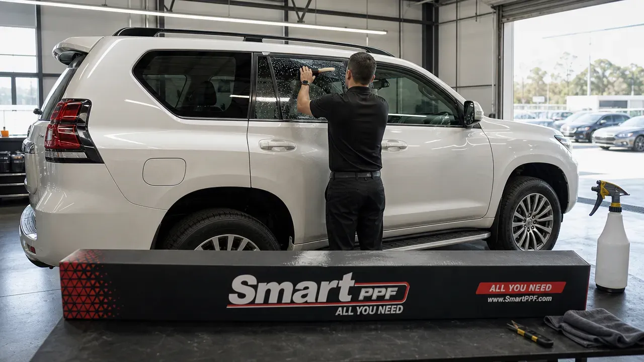 Installer fits nearly clear UV protection film to a white SUV side window, Smart PPF box below