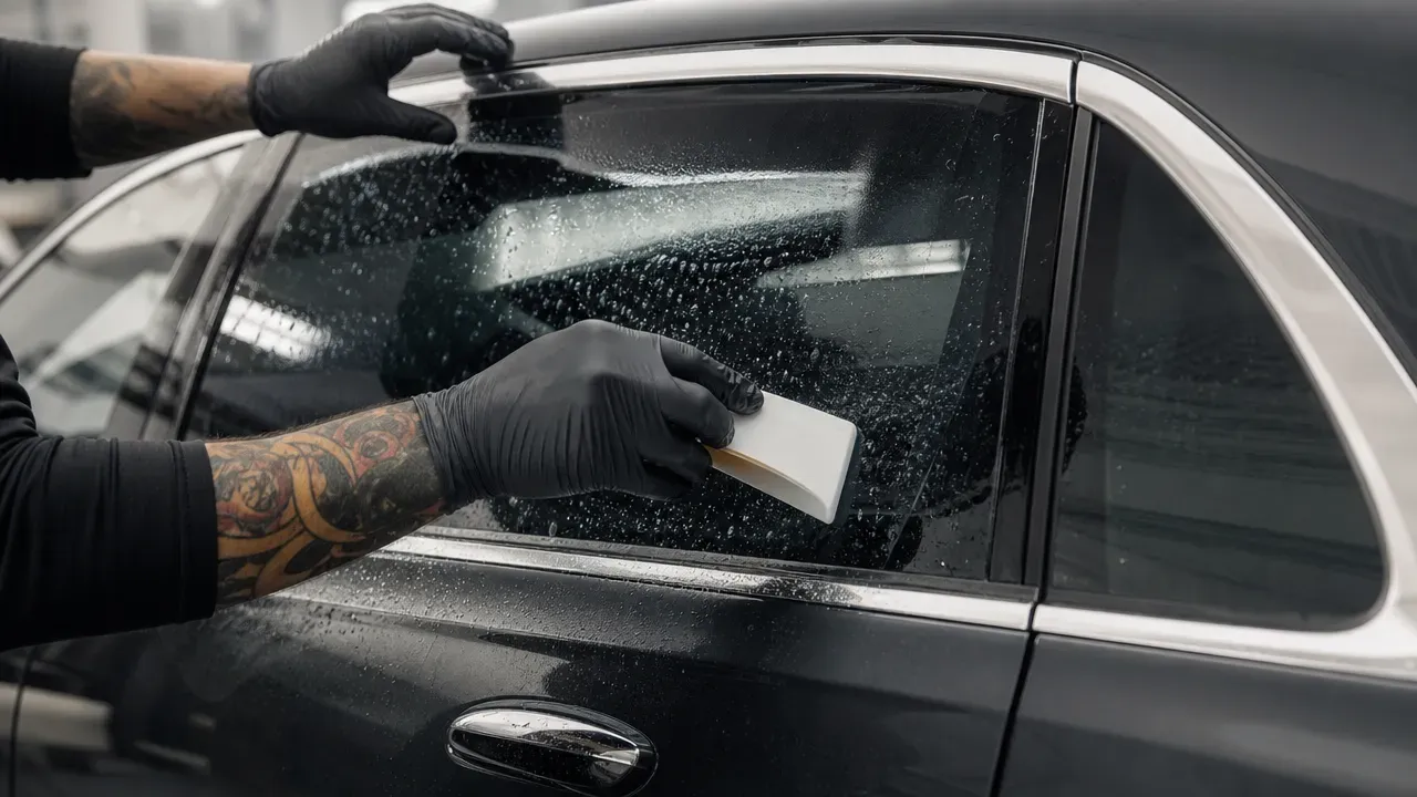 Technician fitting ceramic window tint on a luxury car side glass