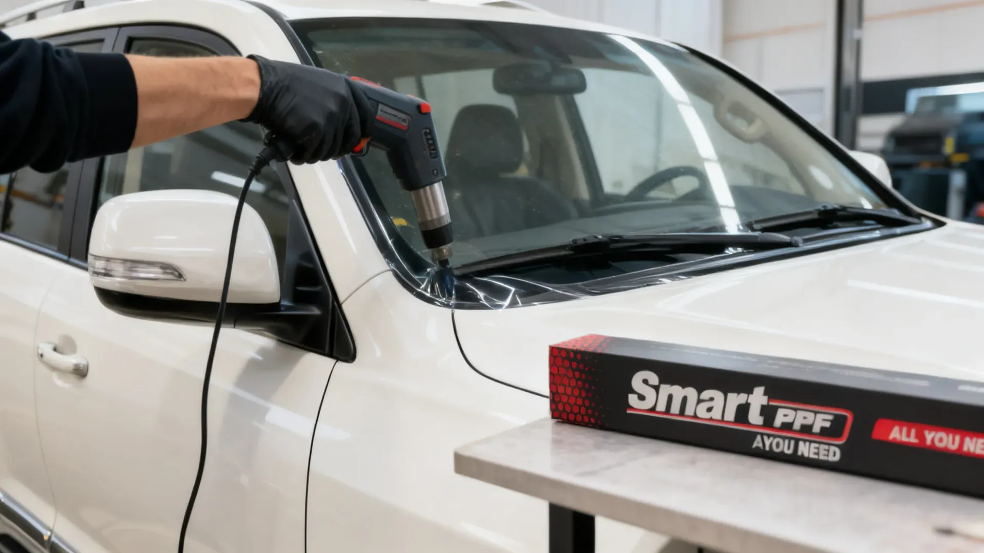 Windshield protection film being installed on a luxury vehicle