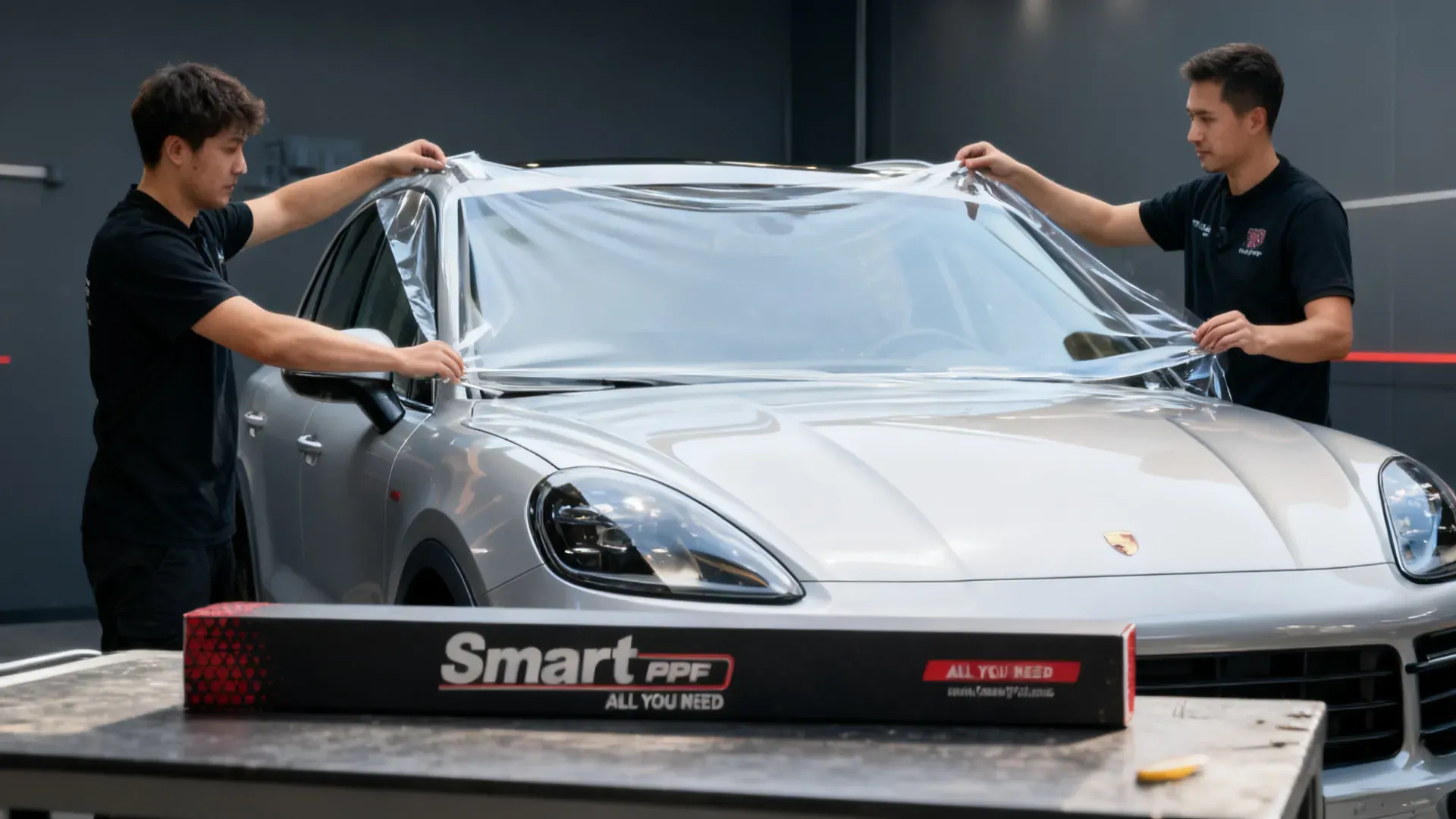 Two technicians stretch windshield protection film across a luxury SUV windshield, Smart PPF box on the table